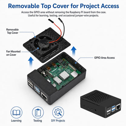 Case for Raspberry Pi 4, ABS Pi 4 Case with Cooling Fan, Pi 4 Heatsink, Simple Removable Top Cover for Pi 4 Model B/ 4B