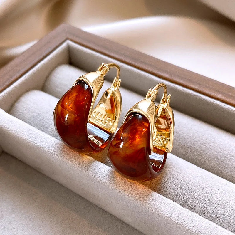 Chic Vintage U-Shaped Brown Resin Hoop Earrings for Women - Retro Gold Plated Fashion Jewelry Perfect for Any Occasion