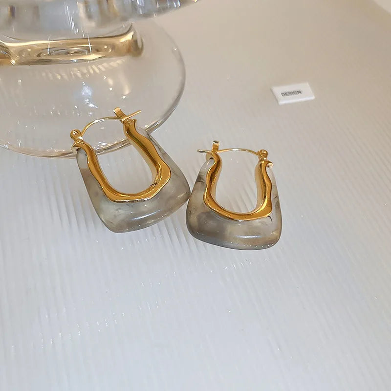 Chic Vintage U-Shaped Brown Resin Hoop Earrings for Women - Retro Gold Plated Fashion Jewelry Perfect for Any Occasion