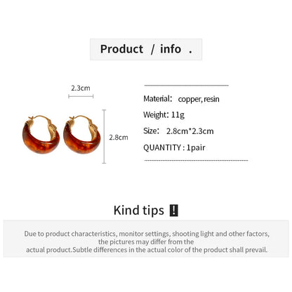 Chic Vintage U-Shaped Brown Resin Hoop Earrings for Women - Retro Gold Plated Fashion Jewelry Perfect for Any Occasion