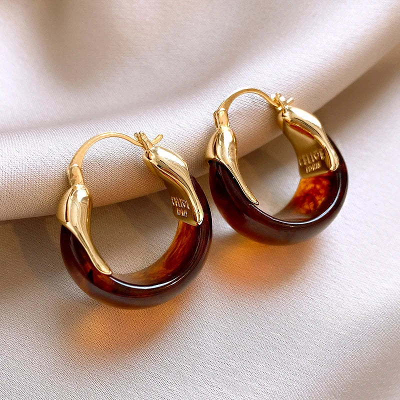 Chic Vintage U-Shaped Brown Resin Hoop Earrings for Women - Retro Gold Plated Fashion Jewelry Perfect for Any Occasion
