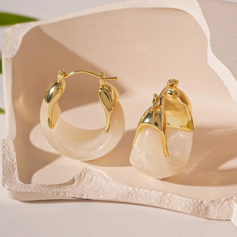 Chic Vintage U-Shaped Brown Resin Hoop Earrings for Women - Retro Gold Plated Fashion Jewelry Perfect for Any Occasion