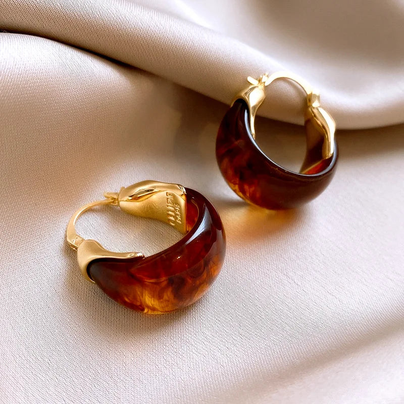 Chic Vintage U-Shaped Brown Resin Hoop Earrings for Women - Retro Gold Plated Fashion Jewelry Perfect for Any Occasion