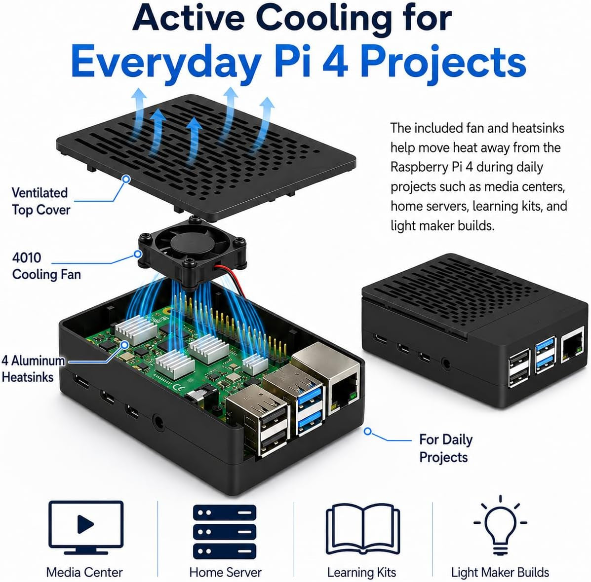 Case for Raspberry Pi 4, ABS Pi 4 Case with Cooling Fan, Pi 4 Heatsink, Simple Removable Top Cover for Pi 4 Model B/ 4B