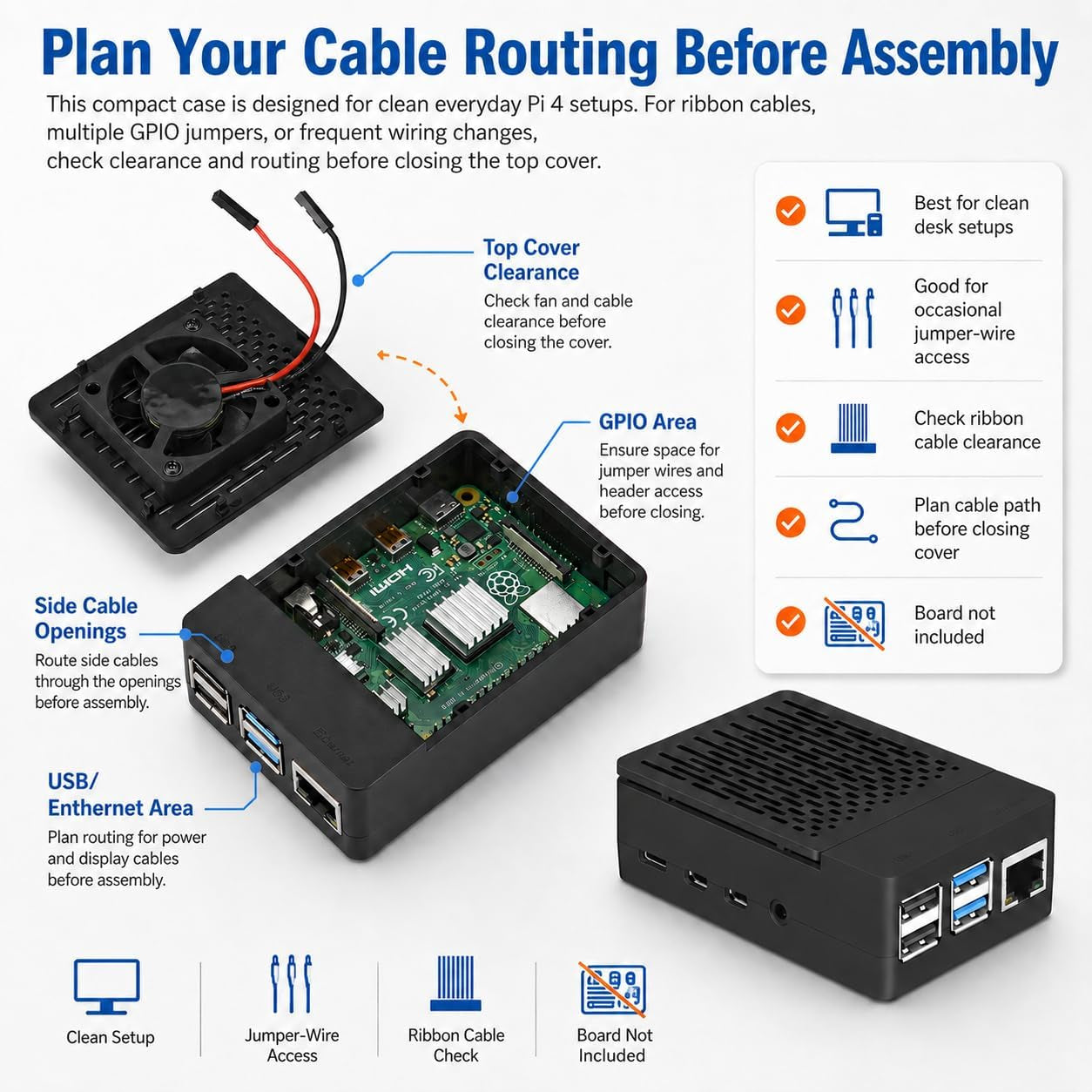 Case for Raspberry Pi 4, ABS Pi 4 Case with Cooling Fan, Pi 4 Heatsink, Simple Removable Top Cover for Pi 4 Model B/ 4B
